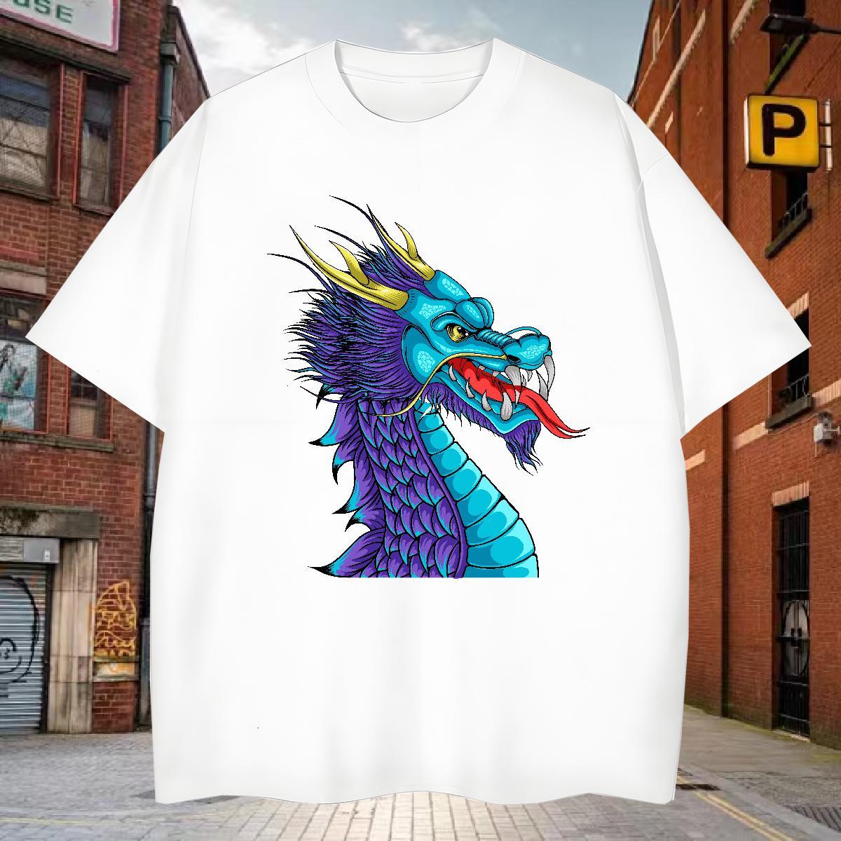 T-Shirts for Men 230g 100% Cotton dragon Anime Printing Street Breathable Crew Neck Oversized Men Tees DIY High Quality Polos