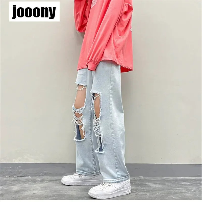 Fashion Y2K European American Personalized Loose Straight Leg Long Pants American Streetwear Hip Hop Retro Perforated Jeans Mens 240819