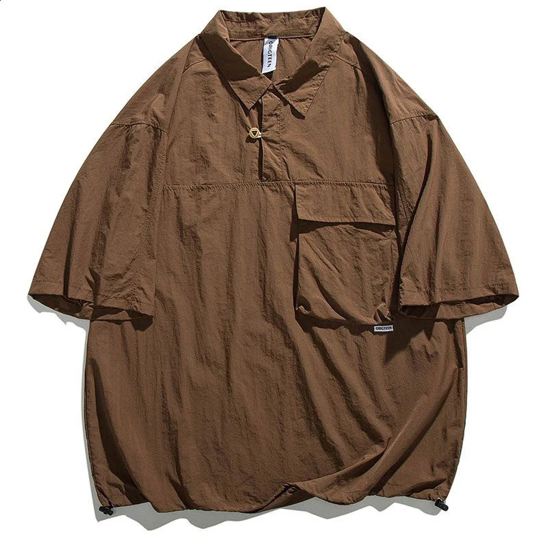 Summer Japan Style Vintage Short Sleeve Men Polo T Shirts Casual Fashion Harajuku All-match Oversized Couple Clothing Brown Blue 240819