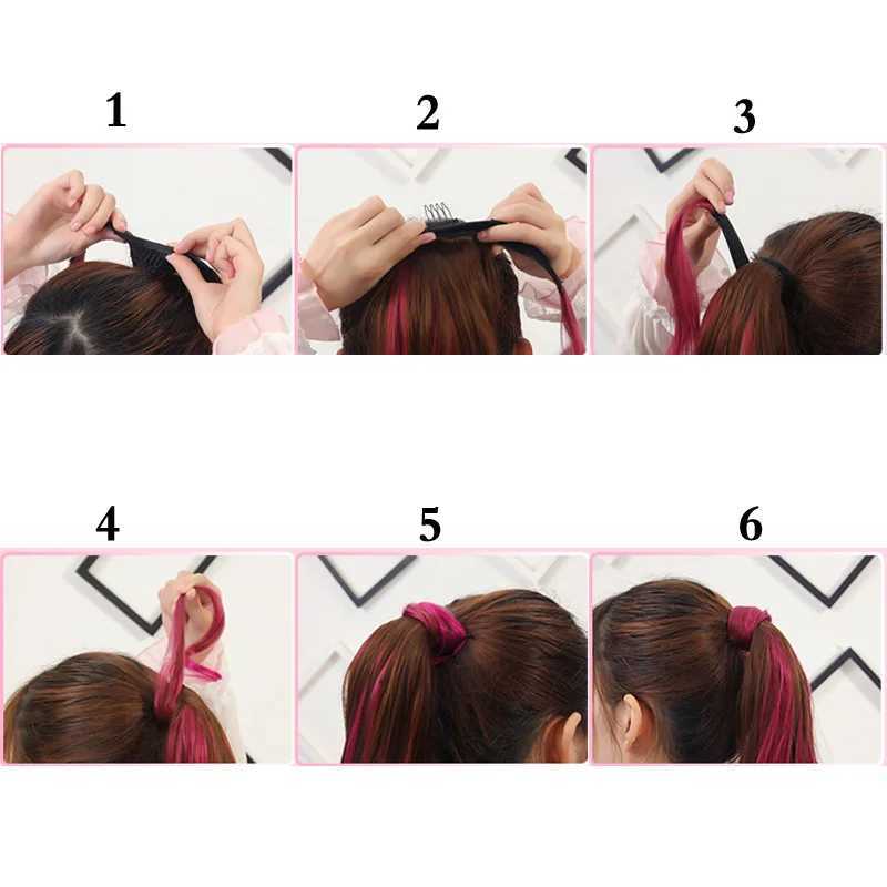 Zolins long straight synthetic ponytail with hair extensions wrapped around the ponytail. Green pink purple. Umbre girls hair W240817