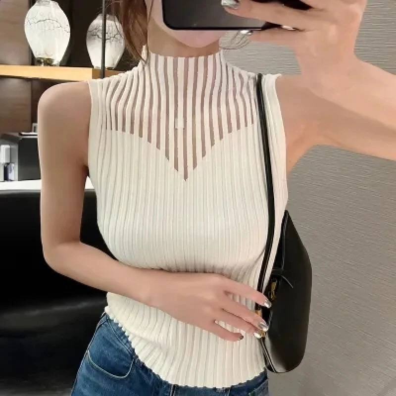 Womens Summer Fashion Half High Neck Hollow Splicing Gauze Elegant Slimming Sleeveless Knitted Top 240819