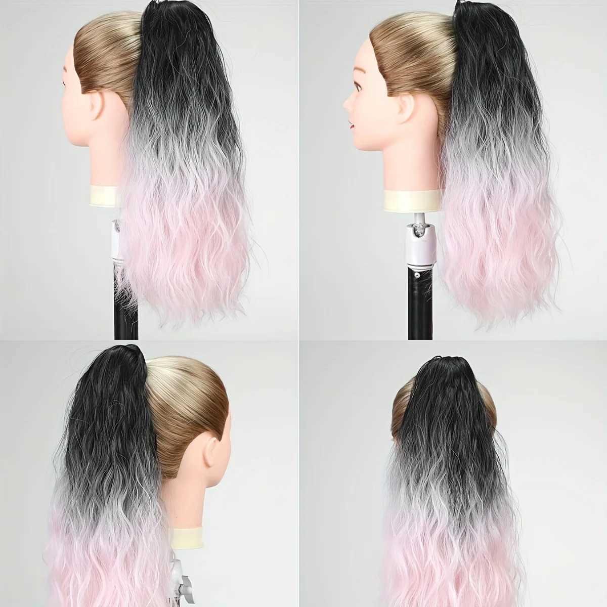 18 inch synthetic fluffy Wig gradient water pattern grab clip with long curly hair ponytail female hair accessory extension W240817