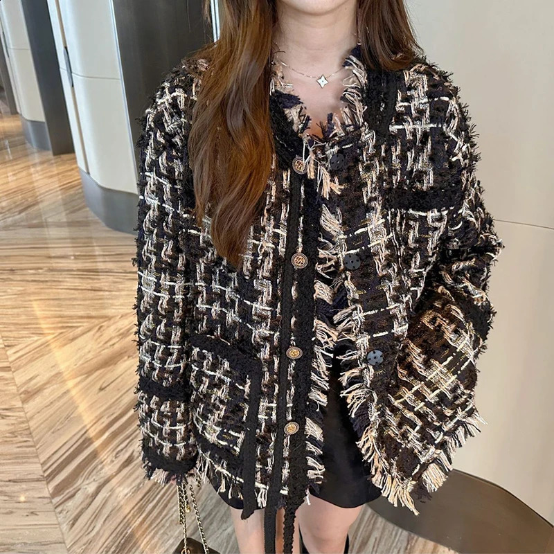 GIDYQ Y2k vintage cut tweed jacket for womens streetwear black gold woven tassel highquality casual chic button 240819