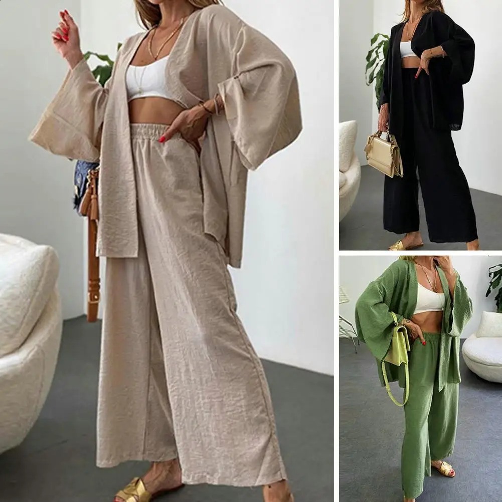 2 PcsSet Cardigan Pants Set Solid Color Loose Wide Leg Elastic Waist Deep Crotch Long Sleeve Pockets Soft Breathable Lady Coat 240819