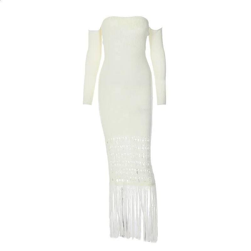 Knitted Tassel Hollow Out Long Sleeves Sexy Sheath Maxi Evening Prom Women Sexy Off Shoulder Slim Fit Dress Sweater Party 240823