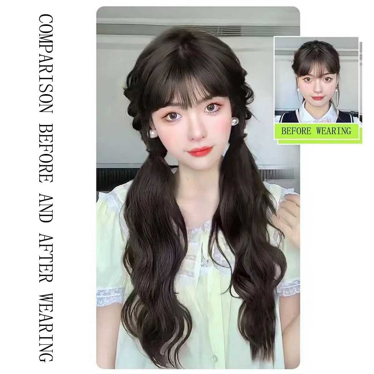 Synthetic rubber with ponytail cute woman black slightly curled ponytail extension heat-resistant wig W240817