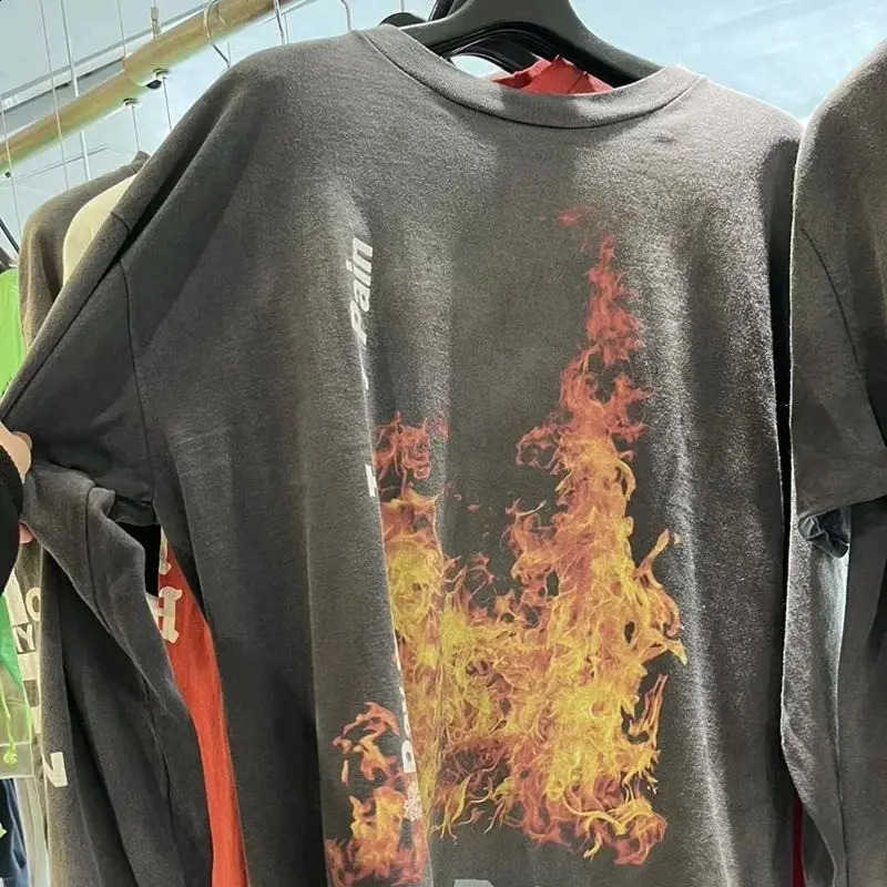 2024 Vintage Washed Black Pay money To my Pain Saint Long Sleeved T-Shirt Men Women High Quality Flame Printing T Shirt Tops 240819
