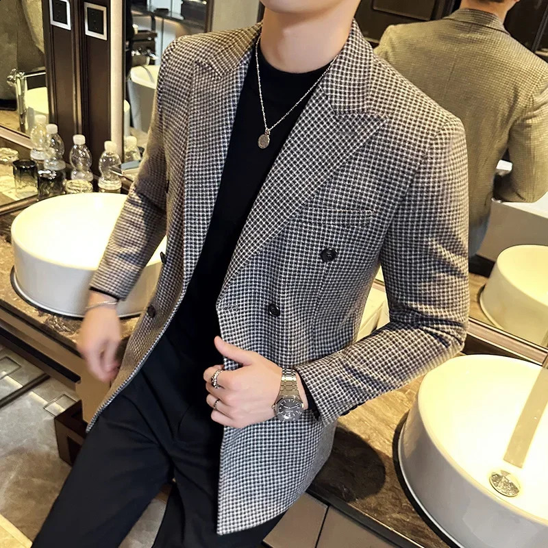 British style mens double chest ultrathin fit jacket Houndstooth official business wedding 240819