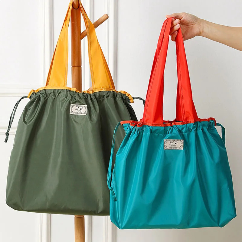 Womens Reusable Grocery Bag Large Capacity Foldable Shopping with Drawstring Clre EcoFriendly Shoulder Bags 240819