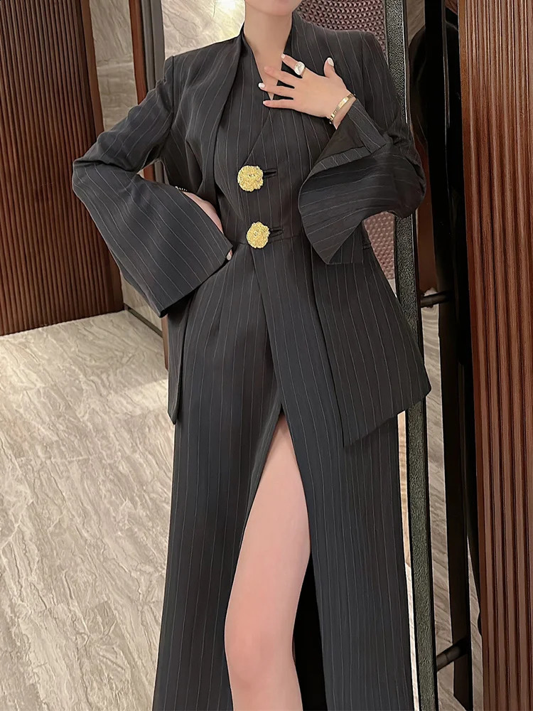 BJTZ Womens 2piece Fashion Stripe Set Jacket Vneck Sleeveless Single Chest Seam Dress Spring Clothing 240819