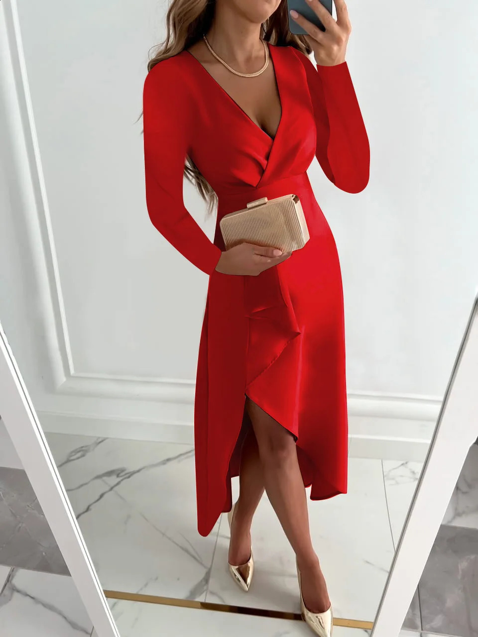 White Elegant Minimalist Dress Womens Spring Autumn V-neck Simple Temperament Solid Color Split Maxi Dress Red Black 240819