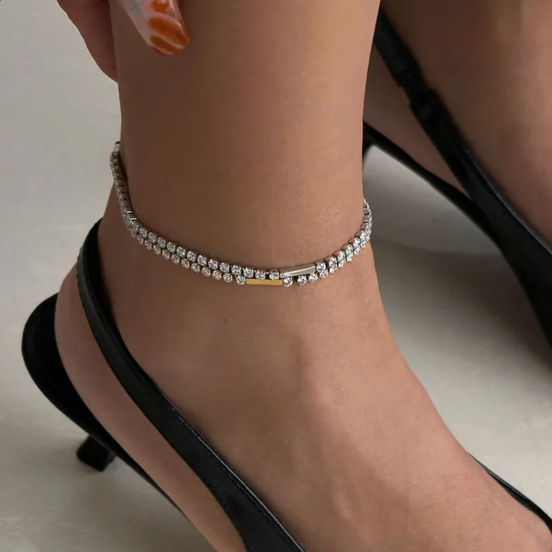 Womens Tennis Chain Ankle Stainless Steel Daily Minimum Gem Summer Exquisite Elegant Jewelry Collection 240812