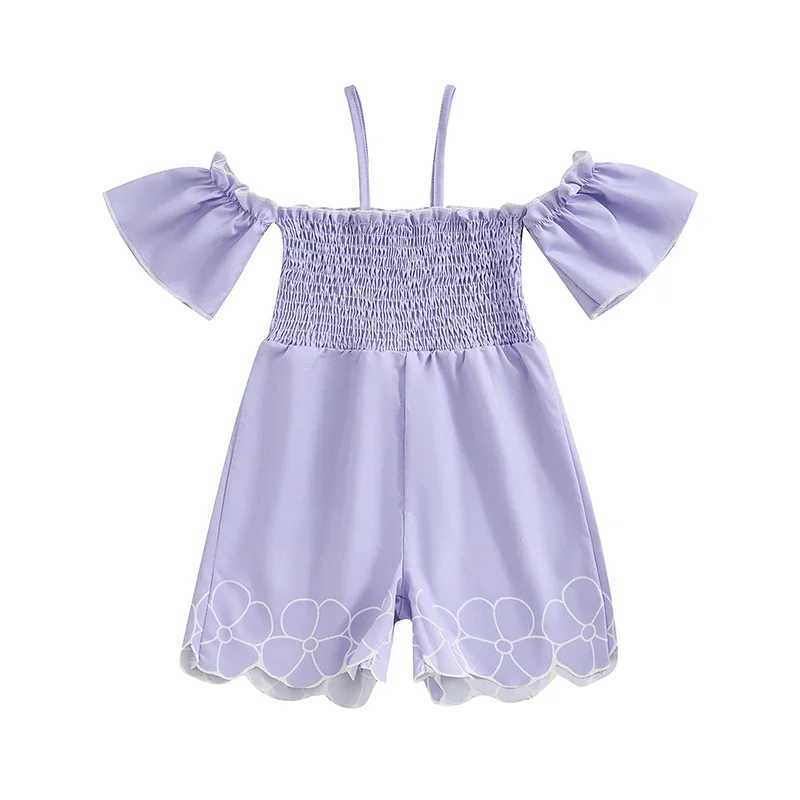 Preschool girl jumpsuit short sleeved spaghetti shoulder strap pleated printed jumpsuit summer clothing W240806