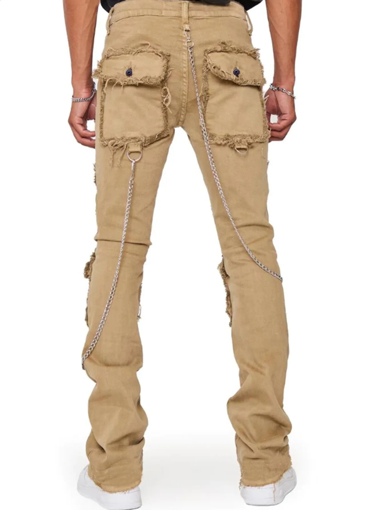 European Mens Cargo Jeans Stretchy Straight Leg Baggy Trousers Slim Fit Chain Patchworks Denim Bottoms 240819