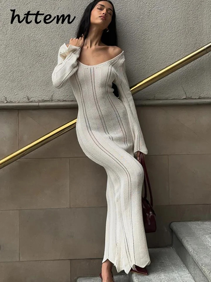 Elegant Knitted Striped Long Dress Women Sexy V-neck Full Sleeve Hollow Out Lace Up Beach Dresses Summer Lady Holiday Robe 240819