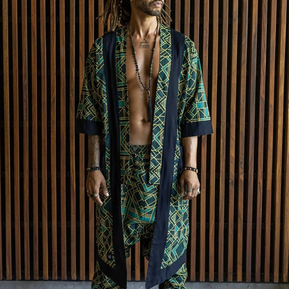 Mens Two-Piece Set 2024 Spring Summer Fashion Retro Casual Vacation Short-Sleeved Long Cardigan Leggings Printed Casual Suit 240819