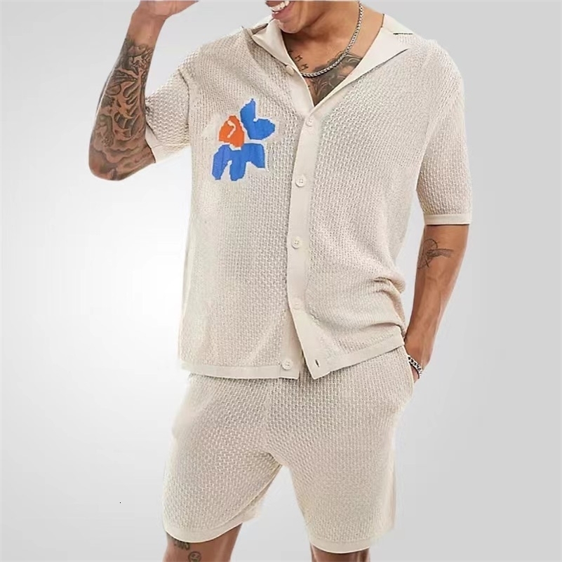 Fashion Men Knit Suits Polo Shirts Cardigan Shorts Two Piece Sets For Men Clothes Jacquard Print Casual Fashion Sweater Outfit 240819