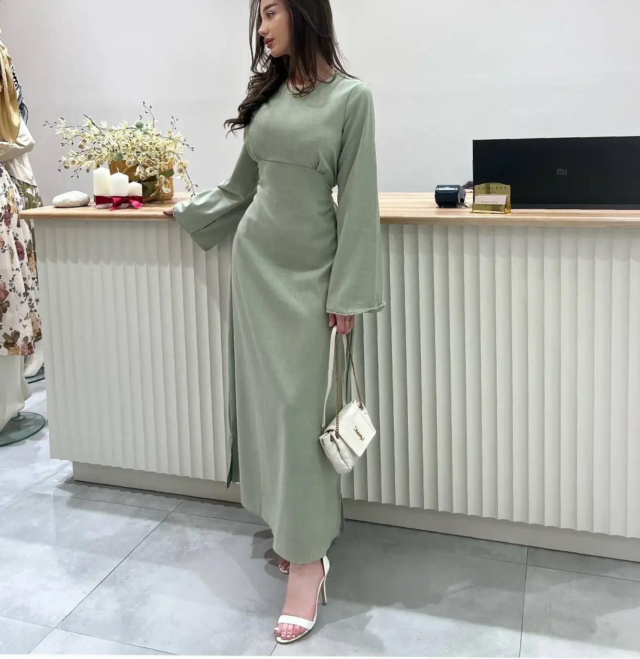 Autumn Elegant Solid Lace Up Dress Muslim Women Fashion Solid Round Neck Flared Sleeves High Waist A-line Dress Women 240819