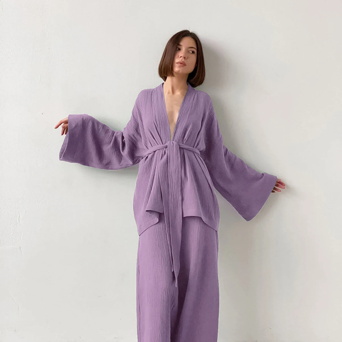 Casual Lace Up Long Sleeve Cardigan Tops Suits High Waist Wide-leg Pants Nightgown Sets Loose Pajama Women Homewear 2 Piece Sets 240819