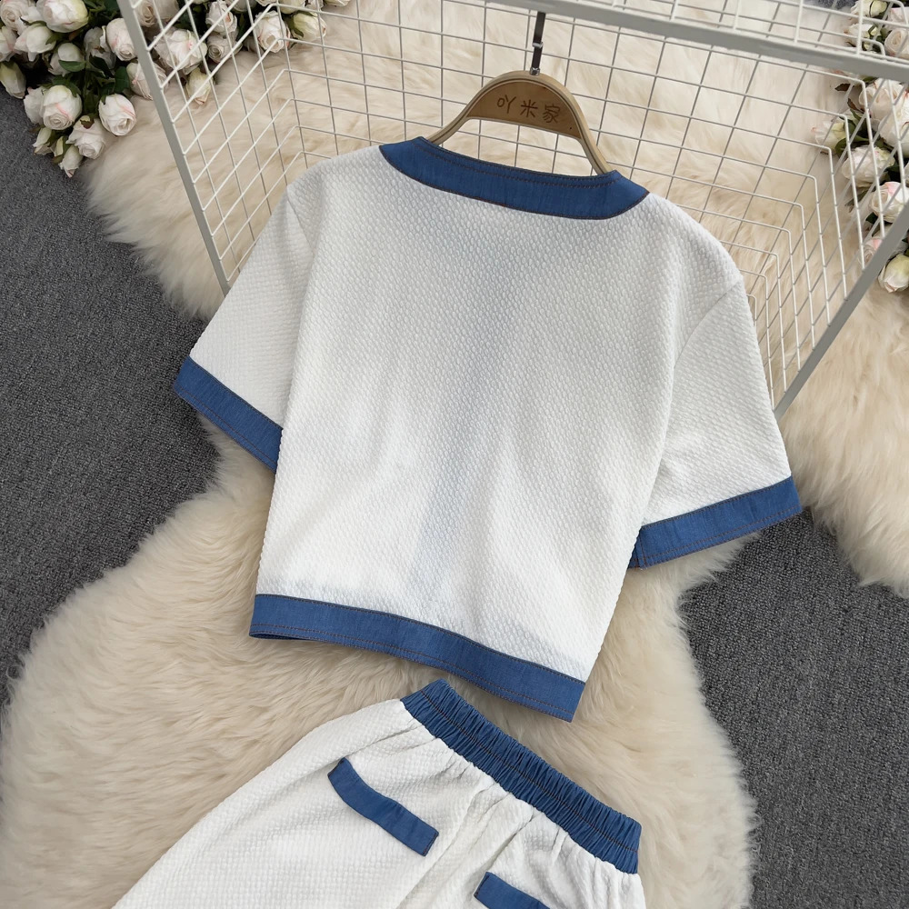 Women 2 Pieces Clothing Sets O-Neck Short Sleeve Patchwork Button Tops High Waist Split Straight Trousers Suits Outfits 240819