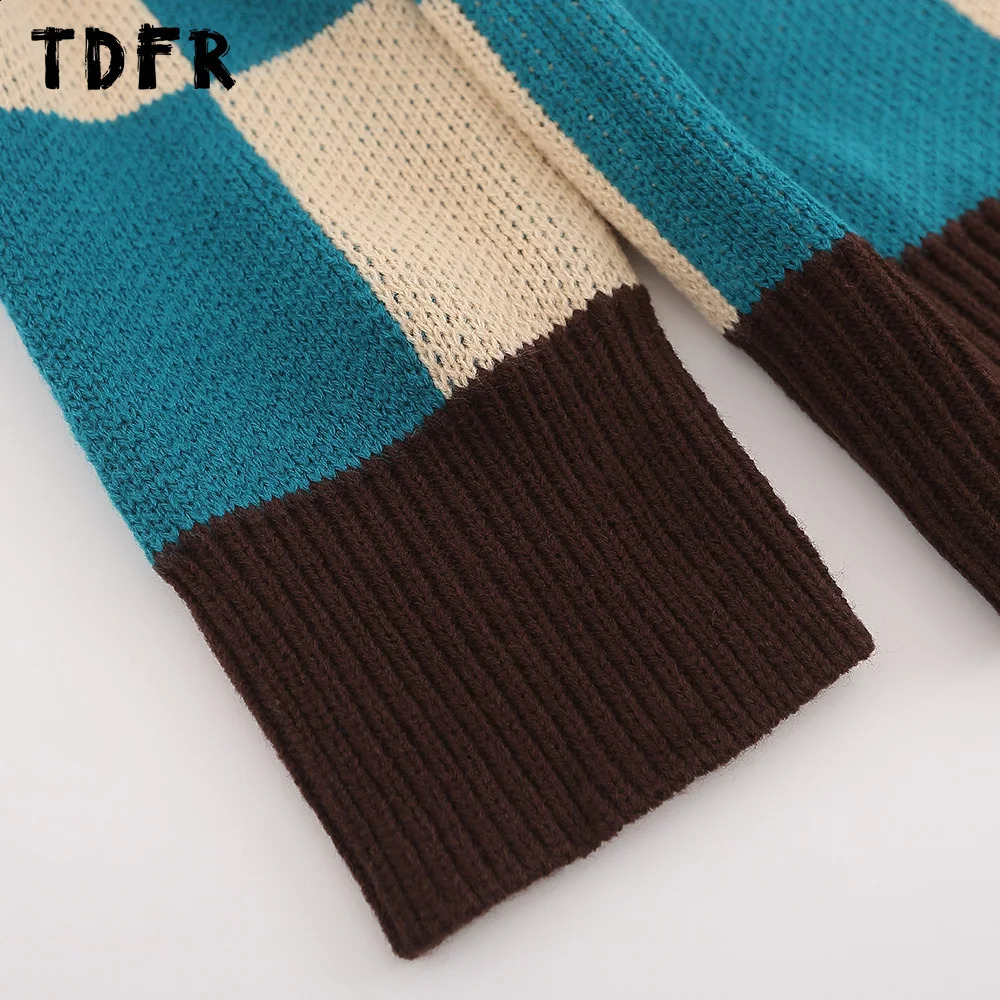 Checkered Knitted Sweater Mens Letter Embroidery Autumn Casual Street Dress Collar Long Sleeve Zipper Style 240819
