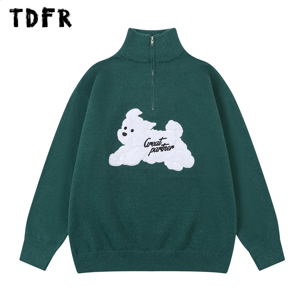 Puppy Embroidery Sweater Mens Autumn Winter Casual Standing Collar Half Zipper Long Sleeve Knitted Floral Style 240819