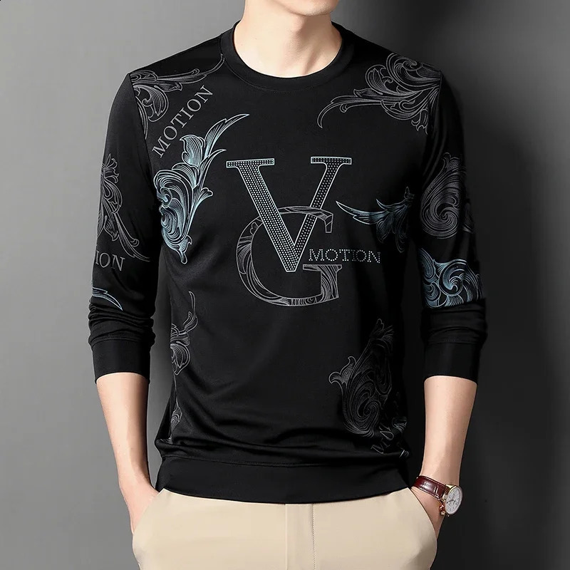 Long sleeved printed T-shirt for men Long sleeved polo shirt with round neck top for men 240820