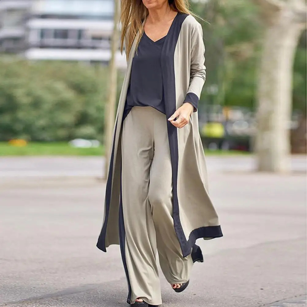 Three-Piece Sets Women Outfit Long Cardigan Sling Tops Wide Leg Pants Suits Casual Cardigan Straight Leg Trouser V Neck Camisole 240819