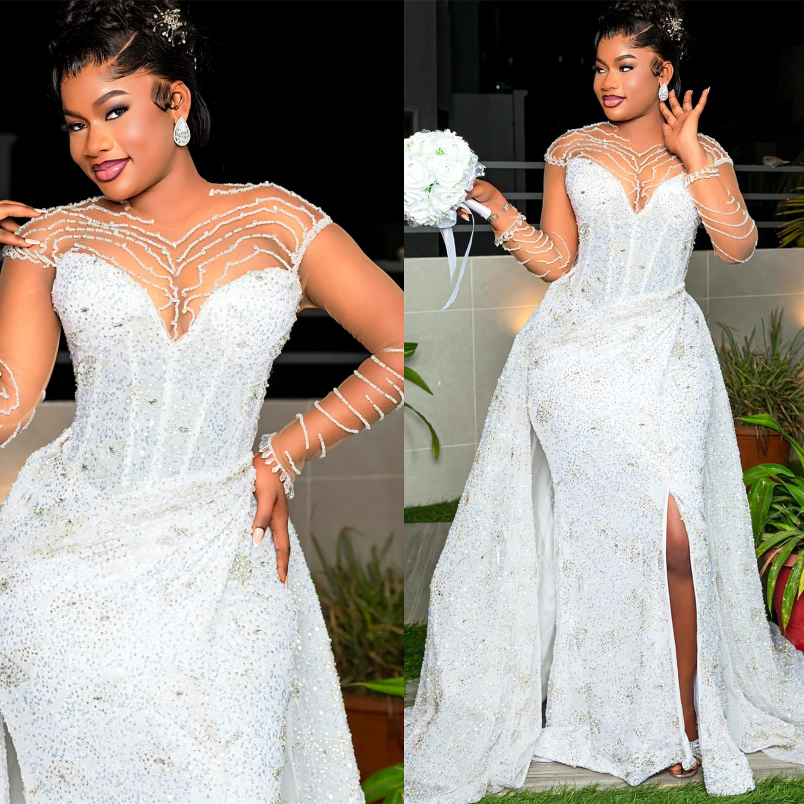 African Aso Ebi 2024 Ivory Mermaid Wedding Dress Sequined Rhinestones Full Sleeves Detachable Train Vintage Elegant Bridal Gowns Dresses ZJ207