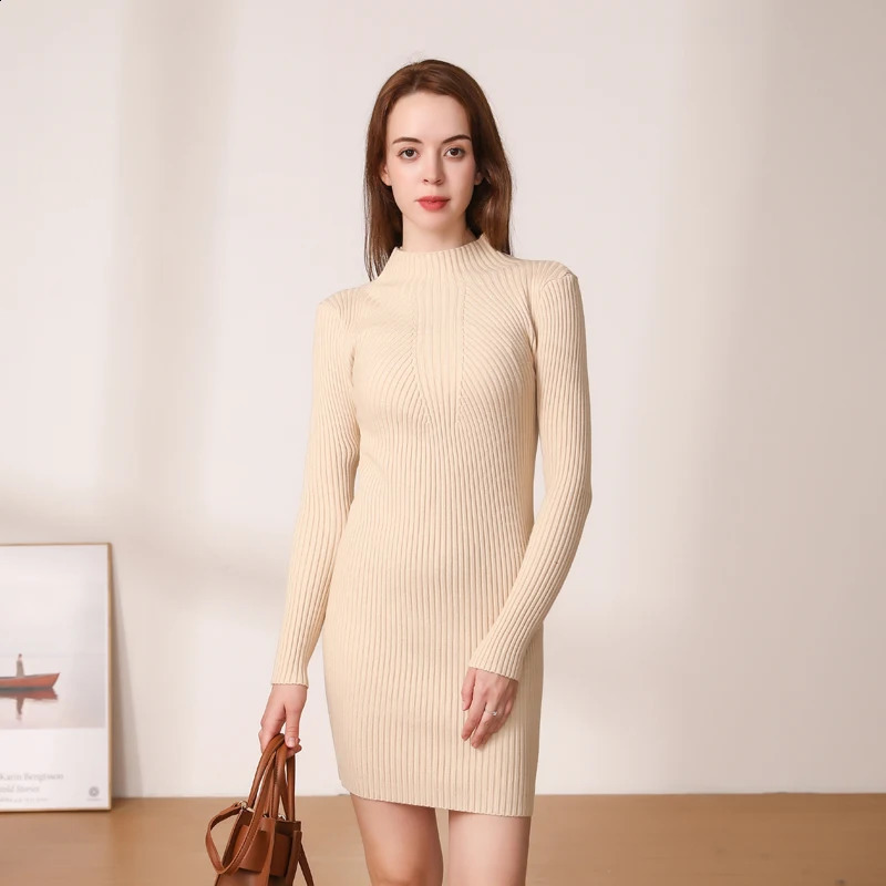 Basic Winter Casual Womens Dresses Ladies Midi Dress Sweater Knitted Korean Fashion Robe Clothes Clothing Elegant Black 240819