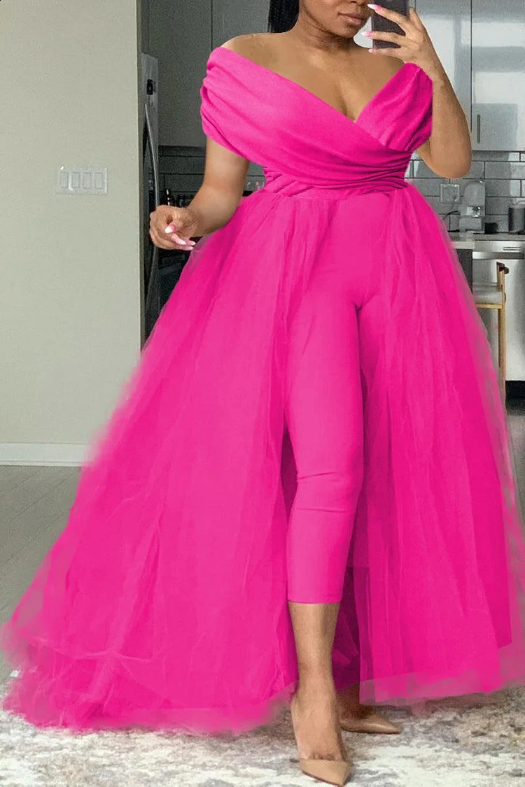 Plus Size Formal Casual One Piece Outfit Solid Off The Shoulder V Neck Tulle Jumpsuit With Tulle Skirts 240819