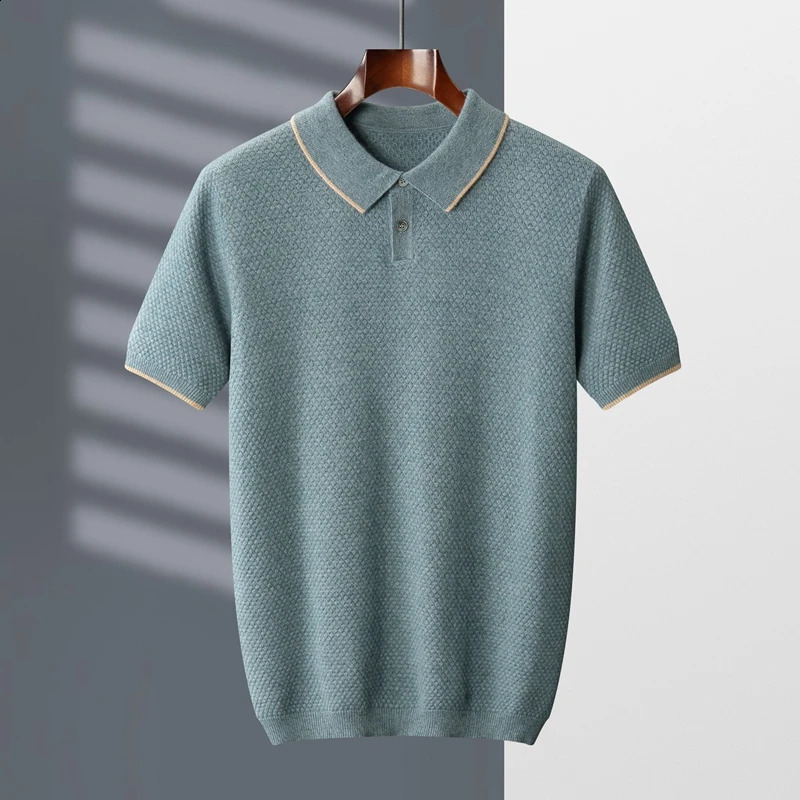 100 Cashmere TShirt Mens POLO Neck Short Sleeve Spring And Summer 2023 Fashion Knitted Pullover Vest 240819