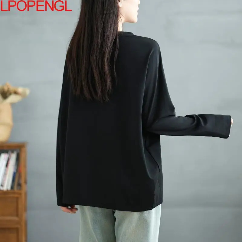 Womens solid color fashionable long sleeved Pullover autumn 3D loose casual retro sportswear 240819