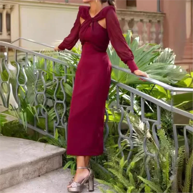 Womens Fashion Solid Spliced Hollow Sexy Backless Long Sleeve Midi Dress Spring Autumn Elegant Party Pencill Long Dresses Robe 240819