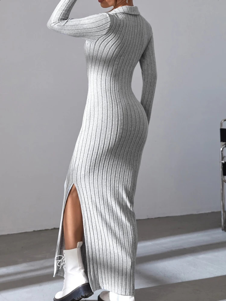 Women sexy knit V-neck reverse neck split dress autumn winter full sleeve elastic basic body sweater 240819