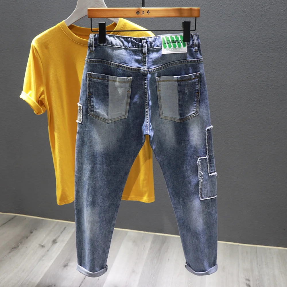 Autumn fashion handsome personality retro patchwork jeans mens old patch holes Ripped jeans pants cargo pantalones hombre 240819