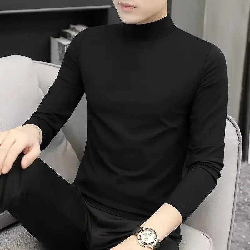 Mens Autumn/winter Turtle Neck Long Sleeve T-shirt Solid Color Top Inner Base Layer Top Half Polo Sweater 240820