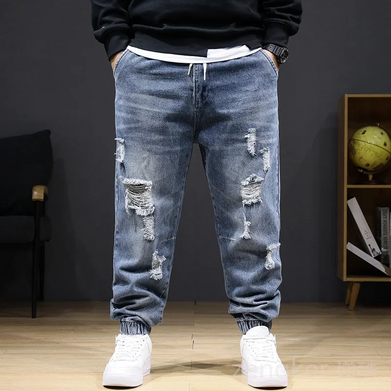 Large size jeans autumn winter section jeans men stretch elastic men high waist plus size hole trousers 8XL 7XL ripped jeans 240819