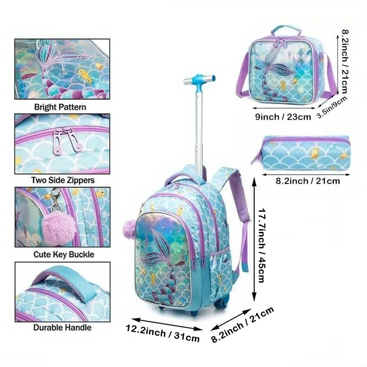 Childrens Rolling Backpack Set Wheeled Schoolbag Kids Backpack with Insulated Lunch Bag and Pencil Case for Boys and Girls Y240820