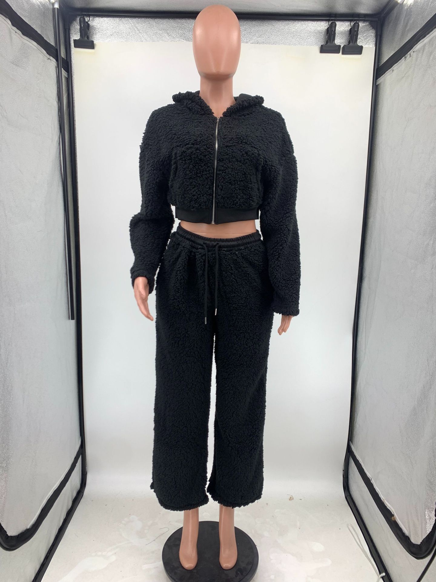 Iamgia Womens Tracksuit Outfits Flared Pants Zip-Up Cap Sleeve High Spring Top & Low Waist Microsolid Casual Fashion Veet Winter Long Suit Social Clot