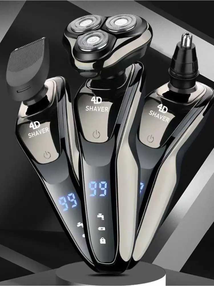 4D cordless electric shaver with floating 3-head dual ring blade mesh for full body cleaning equipped with nose hair and side functions W240819