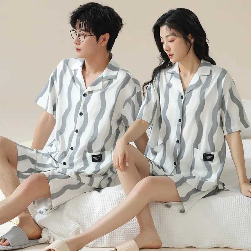 Summer short sleeved Korean style cardigan two-piece set casual V-neck couple pajamas womens pajamas mens pajamasW240719
