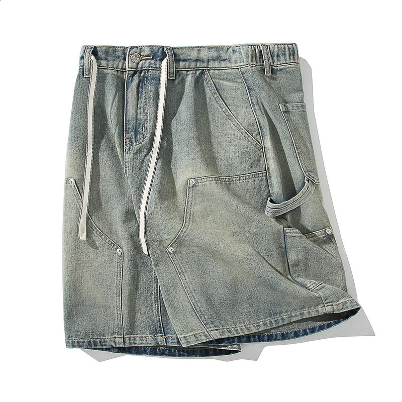 Summer street goods shorts mens retro jeans washed yellow mud dyed casual loose straight wide denim 240819