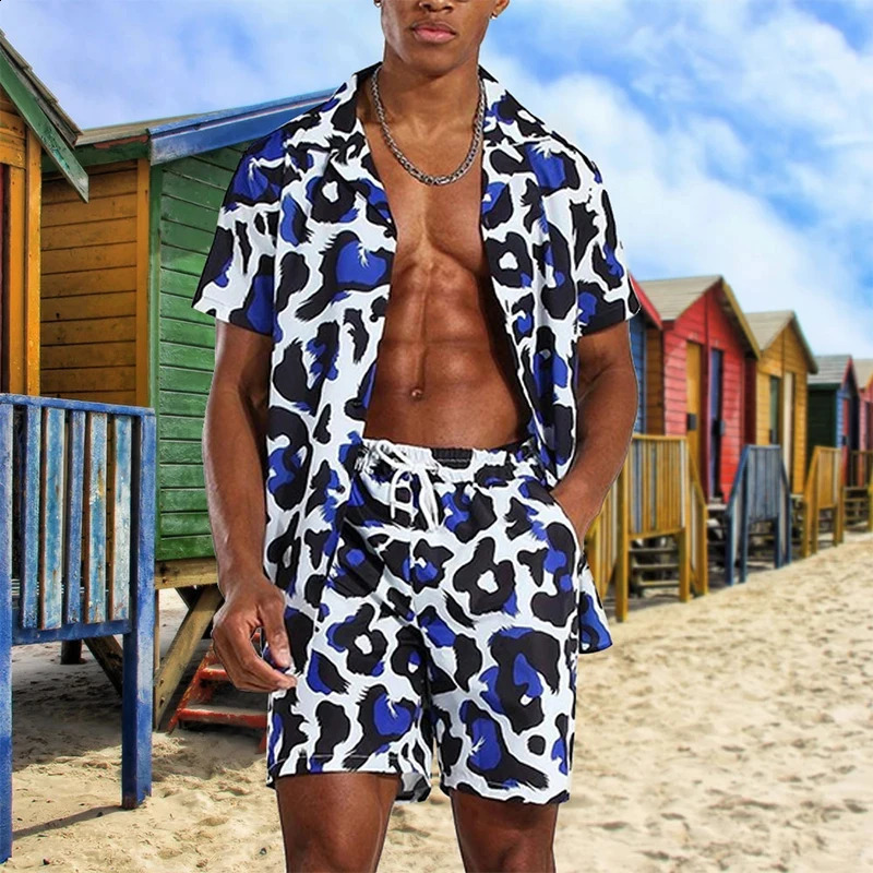 Hawaiian Men Cardigan 2Pcs Sets Summer 3D Print Short Sleeve Button Shirt Beach Shorts Holiday Mens Daily Two Piece Suit i240819