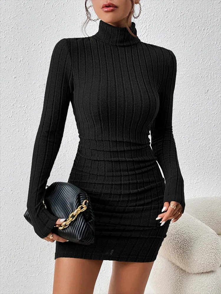 Autumn Black Mini Dress For Women Solid Long Sleeves Turtleneck Sexy Bodycon Sheath Dress Club Elegant Party Dresses Pullover 240819