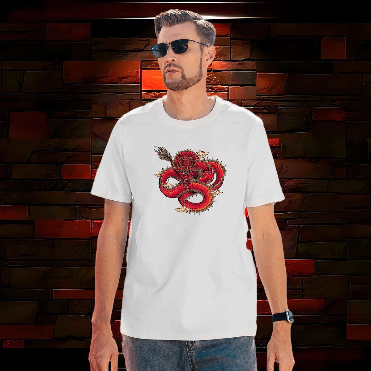 T Shirts Men 230g Pure Cotton dragon Sports Casual Crew Neck Breathable Cartoon Printing L-4XL Tshirts Fashion New Comfortable Clothes
