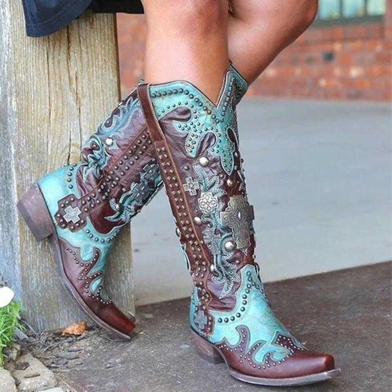 Women Sewing Patchwork Slip-On Mixed Color Flower Print Western Women's Shoes Rome Buckle Party Retro Ladies Boot