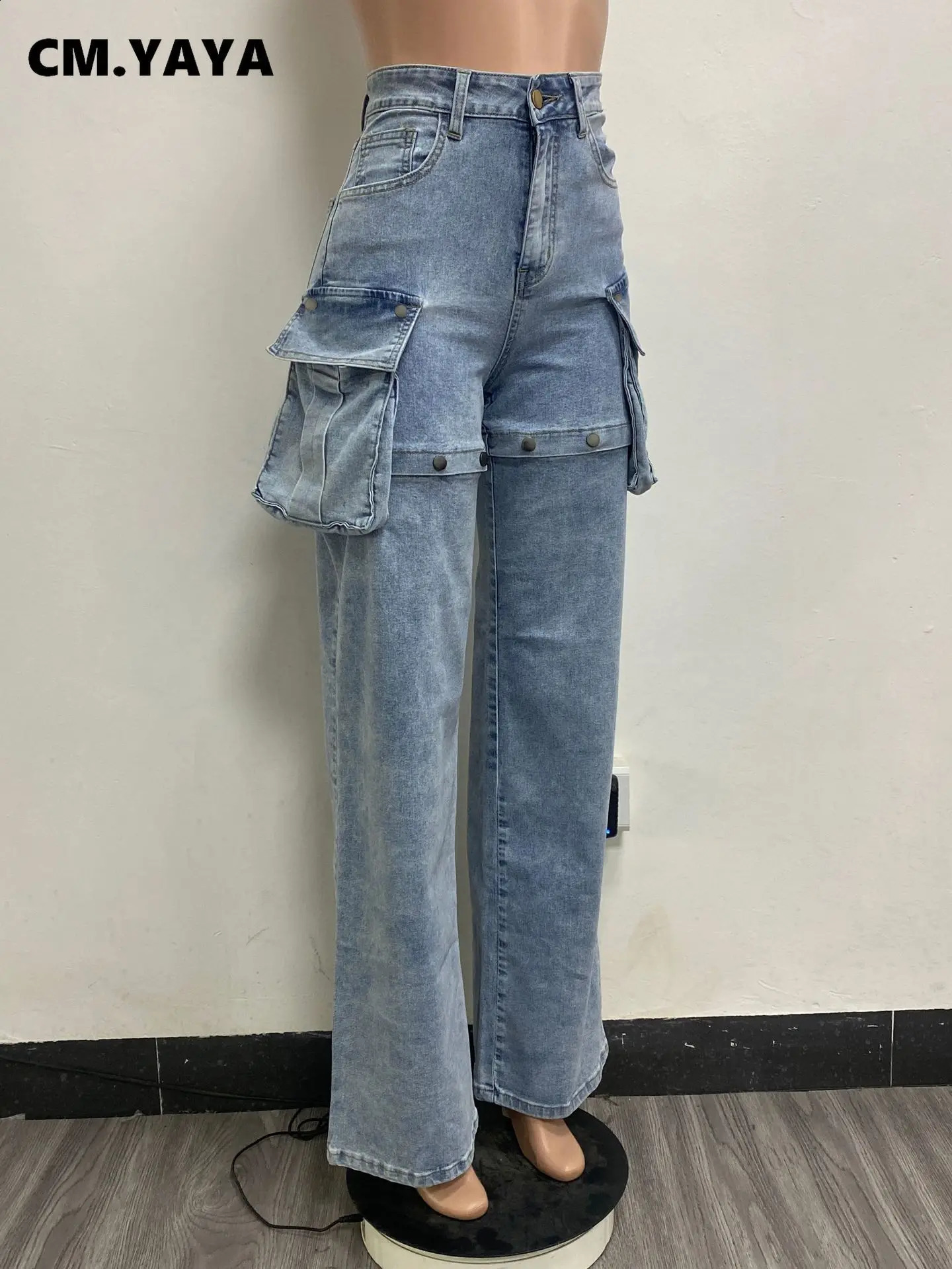 CM.YAYA Women Streetwear Zipper Fly Pocket Side Cargo Straight Denim Pants Safari Button Splicing Wide Leg Jeans Trousers Z260313