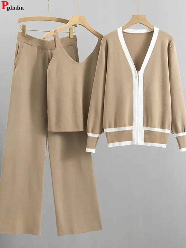 Spring Fall 3 Piece Sets Loose Cardigan Ensemble Sleeveless Vest Conjuntos High Waist Wide Leg Pant Suits Knit Soft Tracksuit 240819