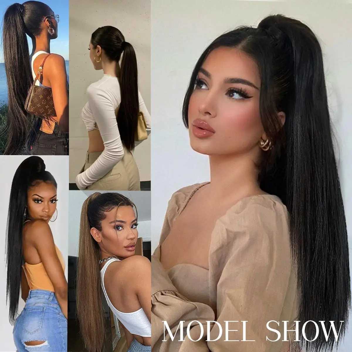 Claw Clip synthetic ponytail long straight black ponytail extension natural color easy to wear womens daily party wig W240817